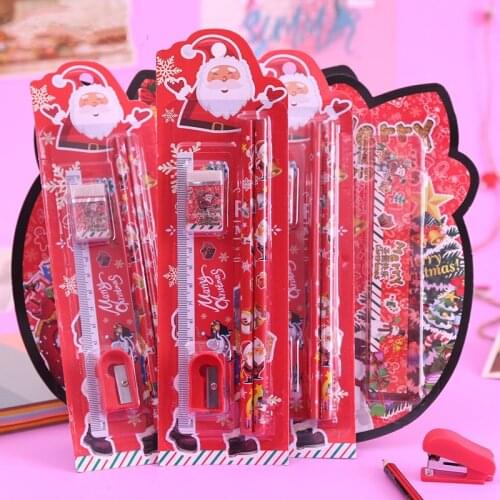 5pcs/set Christmas Series Kids Stationery Students Ruler Pencil Eraser Pencil Sharpener Kit School Stationery Supplies Gift