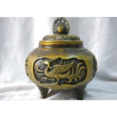 6" China pure brass fine workmanship carved beautiful four beasts censer statue