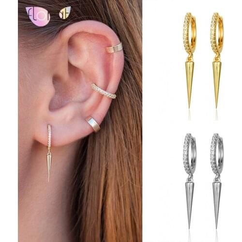 925 Sterling Silver Ear Buckle Spike hoop earrings, Cubic zirconia Huggie hoops with pendant,Hoops with charms, Charm Earrings