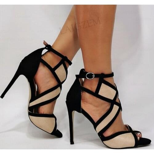 BERZIMER Women Sandals Peep Toe High Heels Patchwork Ankle Strap Sandals Party Summer Concise Shoes Woman Large Size 43 44 47