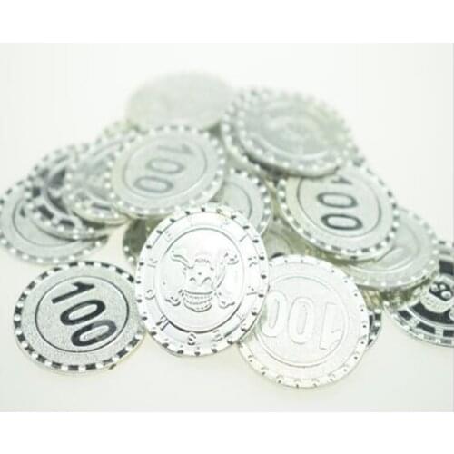 Free ship cool 100pc plastic pirate treasure SILVER coins props toys for Birthday party favors cosplay kids hours fun bag filler