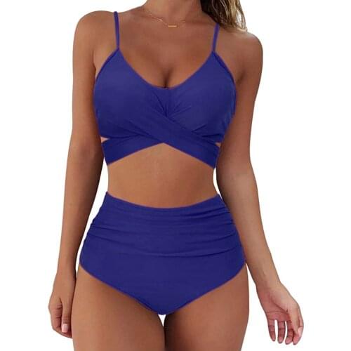 40#Womens Sexy Cross High Waist V Neck Bikini Sets Swimmear Beachwear Swimwear Women High Waist Bikini 2021 Mujer Metal Buckle