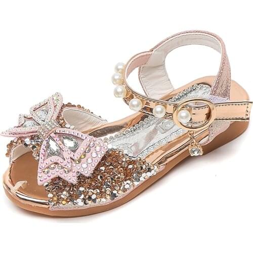 Princess Kids Sandals Shoes for Girls Flower Casual Glitter Children Flat Sandals Girls Shoes Butterfly Knot Fashion Party Shoes