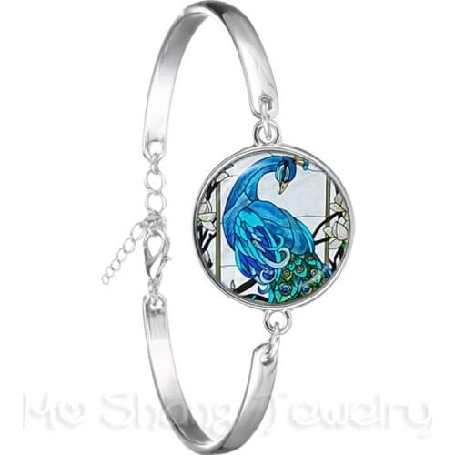 Peacock Pattern Glss Dome Bracelet New Fashion Round Glass Peacock Feathers 18mm Glass Dome Chain Bangle For Women