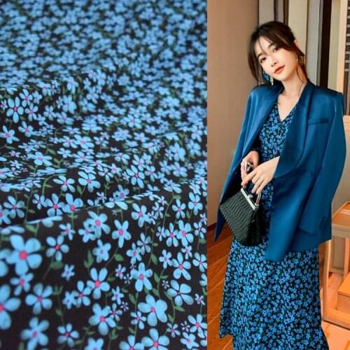 Black Backgroud Blue Floral Simulation Velvet Chiffon Fabric French Dress Shirt Fabric Sewing Fabric