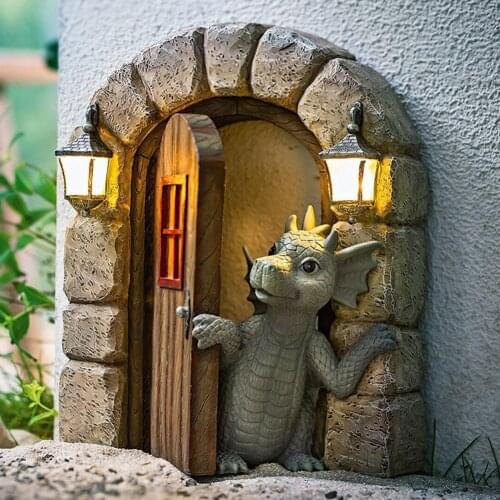 Dinosaur Climbing Window Crafts Resin Statue Garden Decoration Lovely Dragon Courtyard Sculpture Gardening Wall Art Decorations