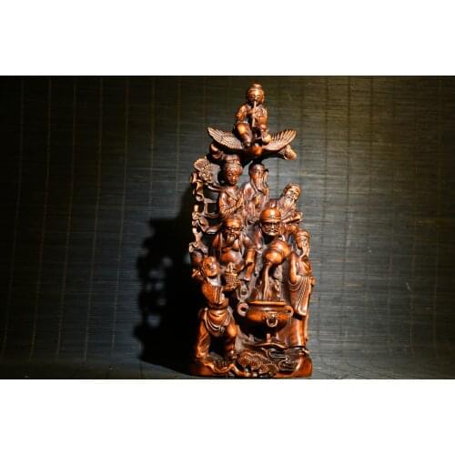 8" China Lucky Old Boxwood Hand-carved Statue of Eight Immortals Eight Immortals Crossing the Sea Exorcism Ward off evil spirits