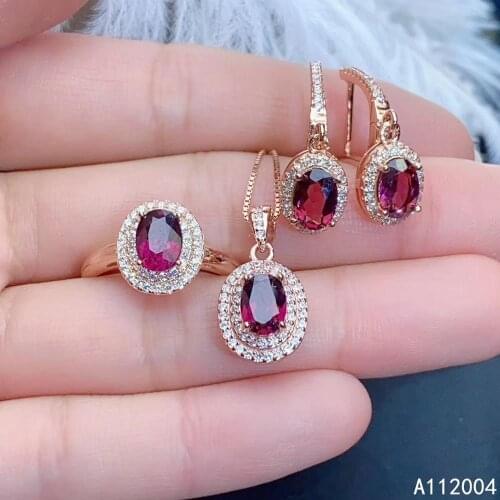 KJJEAXCMY Fine Jewelry 925 sterling silver inlaid natural gemstone garnet female ring pendant earring set luxury supports test