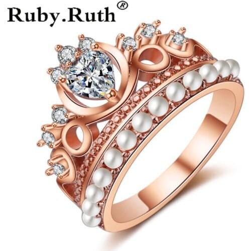 Court style Crown Heart-shaped transparent crystal Rings rose gold inlaid Imitation pearl Ring Wedding Jewelry Dropshipping