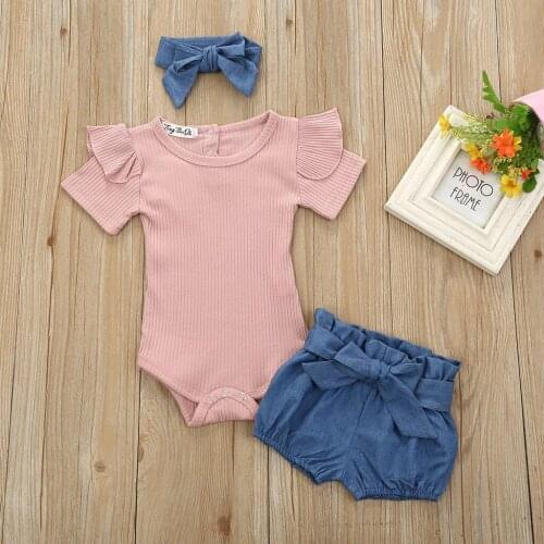 3Pcs Newborn Baby Girl Romper Jumpsuit Bodysuit +Pants Shorts+Headband Outfit Set Crochet Ruffles Jumpsuit with Headband