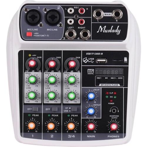 Muslady Compact Sound Card Mixing Console Digital Audio Mixer 4-Channel BT MP3 USB Input +48V Phantom Power for Music Recording