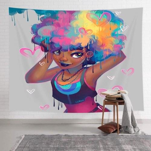 Colorful Cartoon Afro Hair Girl with Heart Print African American Tapestry Wall Hanging