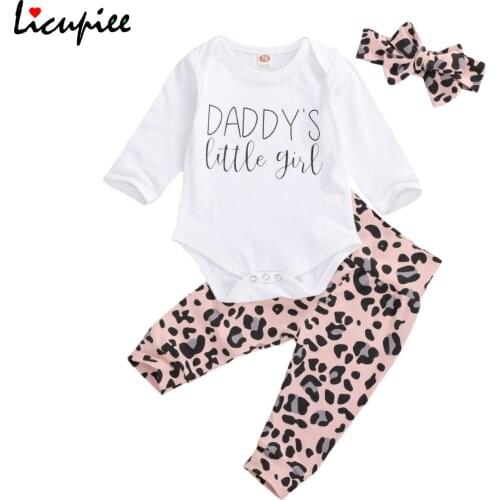 Licupiee Newly Baby Boys Girls Clothes Sets Letter Long Sleeve Romper Tops Leopard Pants Headband 0-18 Months