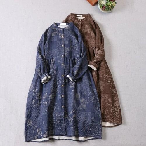 Spring new printed cotton dress loose female dress long sleeve dress mori girl