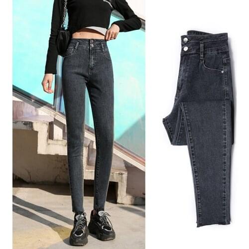 Plus Size 26-40 New Slim Women Skinny Jeans Elasticity High Waist Double Buckle Fashion Fringed Little Feet Pants Denim Trousers
