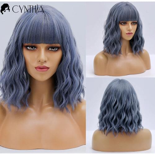Short Daily Wave Ombre Blue Hair Synthetic Wigs With Bangs For Women Cosplay Wavy Natural Heat Resistant Fibre Female Wig