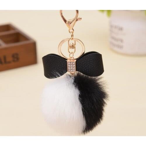 Sale High Quality Pompom Keychain Rainbow Color Fluffy Faux Bunny Fur Keychain Bow Pendant Bag Car Key Chain Ring Pumpon Keyring
