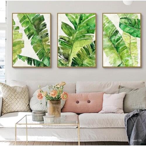 Nordic Watercolor Tropical Plant Green Leaves Canvas Painting Art Print Poster Picture Wall Modern Minimalist Living Room Decor