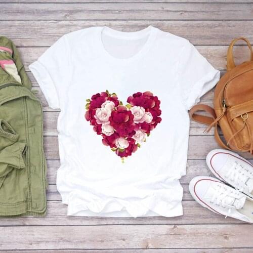 Women T-shirt Harajuku Heart Flower Printed Casual Graphic T-shirt Streetwear Femme T-Shirt Short Sleeve Female T-shirt Woman