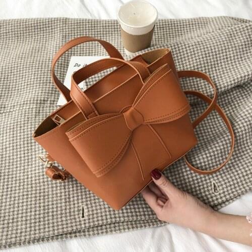 Retro PU Leather Solid Color Casual Large Capacity Ladies Crossbody Handbags Fashion Bowknot Bucket Women Shoulder Messenger Bag