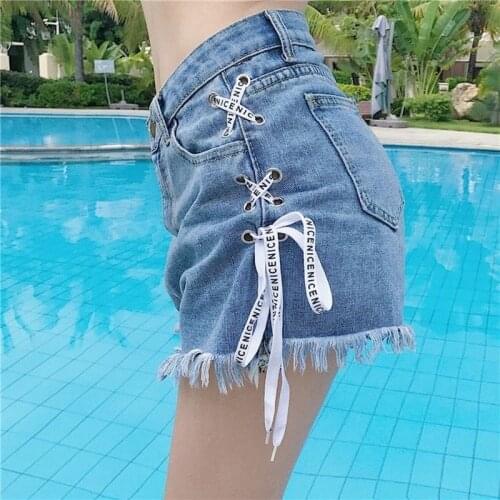 Varofi Riches side strap high-waisted jean shorts womens oversized wide-leg retro hot pants women jeans high waisted jeans