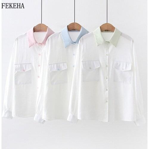 Autumn News White Shirts Women Loose Blouses Cotton Patchwork Lady Tops College Style Female Clothes