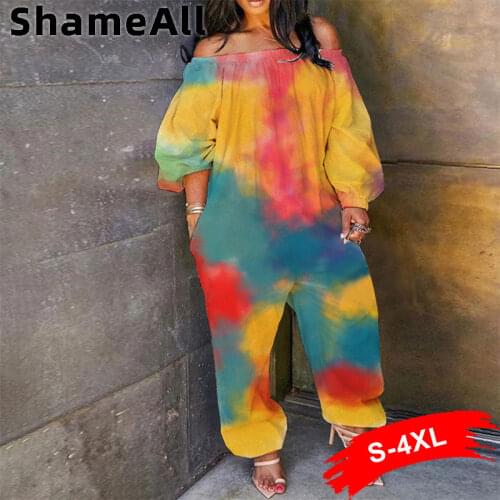 Plus Size Street Wide Leg Tie-dye Women One Piece Outfits Jumpsuits for Women 4XL Off Shoulder Long Sleeve Loose Rompers Womens