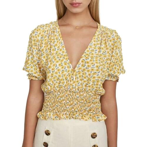 Female Tops, Girls Flower Print V-Neck Short Sleeve Pullover Short Shirt for Summer Autumn, S/M/L