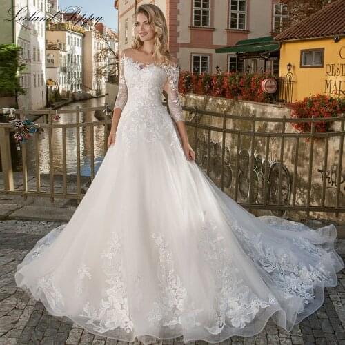 Lceland Poppy Womens A Line Lace Wedding Dresses 3/4 Sleeves Floor Length Lace Appliques Bridal Gowns Vestido de Noiva