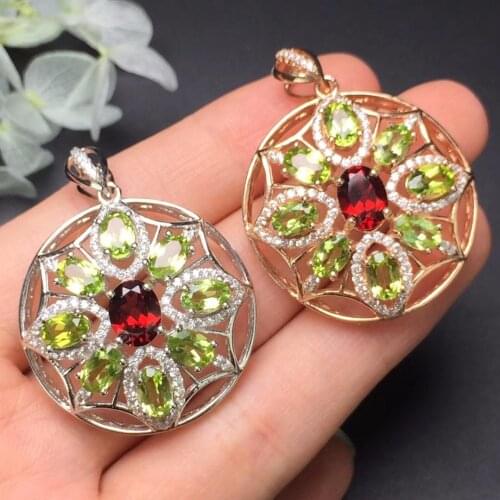 On SaleFine Jewelry S925 solid sterling silver Natural Red Garnet and Olivine Pendant Necklace for women fine pendant Necklaces