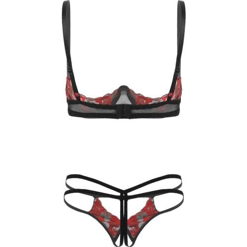 2Pcs Womens Erotic Embroidery Lace Lingerie Set Bare Exposed Breasts Underwire Bra Top with Crotchless G-string Thong Briefs