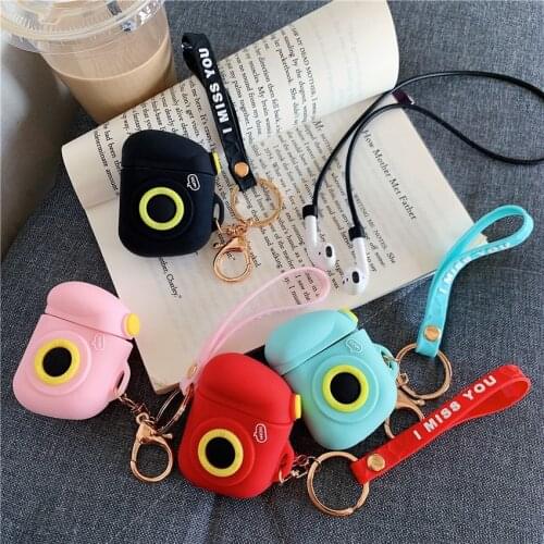 3D Cute Cartoon Camera Soft TPU Anti-lost Rope Finger Ring Case for Airpods Headphone Cover Bluetooth Wireless Earphone Box Bags