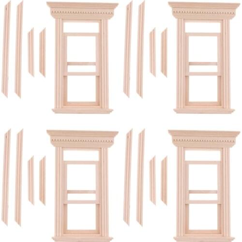 4 Set Unpainted 1/12 Dolls House Miniature Wooden Movable 2-Pane Sash Window Model DIY Making Accessory Collections