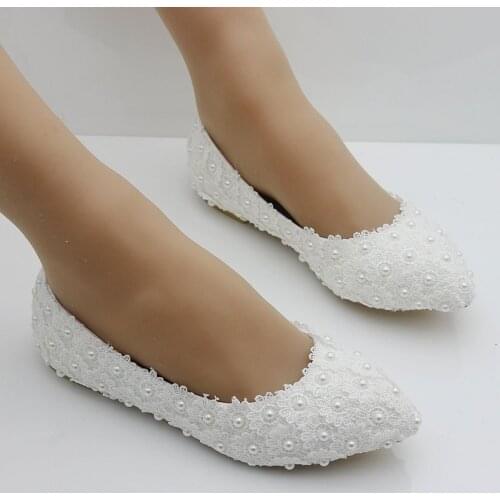 White Lace flats shoes women sexy point toes handmade plus large size full lave pearls brides shoes bridesmaid flats party shoes