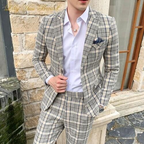 Blazer+Pants) Luxury Men Suit 2 Piece Set Fashion Boutique Lattice Groom Wedding Dress Mens Tuxedo Men Banquet Club Dress