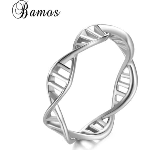 Bamos Unique DNA Wave Finger Ring Silver Color Stainless Steel Promise Rings For Women Minimalist Medical Jewelry Best Gift