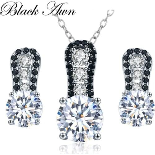 [BLACK AWN] Real 925 Sterling Silver Jewelry Sets for Women Black Spinel Necklace Pendants Earrings Set Z026