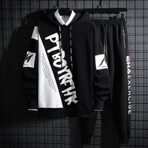 Fashion Mens Sets Korean Style Autumn Winter Elastic Waist Trouser+Splicing Pullover Sweatshirt Set Men Casual Men Clothing Set