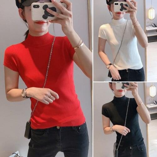 Korea Women Summer Knit T-shirt Bottoming T Shirt Slim Short Sleeve Solid Knitted Tops