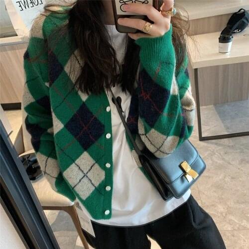 Korean Vintage Plaid Print Kint Cardigans Women Fashion V-Neck Long Sleeve Crop Top Sweater Female Loose Argle Streetwear Tops