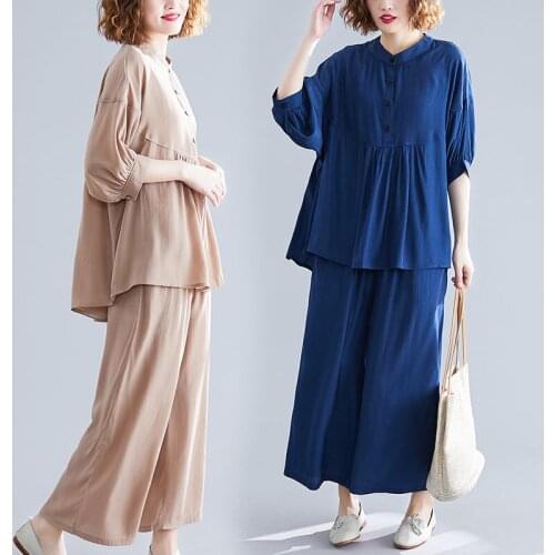 Summer Cotton and Linen Suits Women Loose Stand Collar Shirt High Waist Nine Points Wide Leg Pants Two-piece Outfit Casual K604