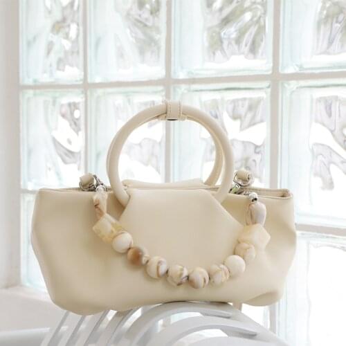 Summer Elegant Little Woman Pearl Chain Handbag Solid Color Dumpling Shape Crossbody Bag Cowhide Pleated Cloud Shoulder Bag