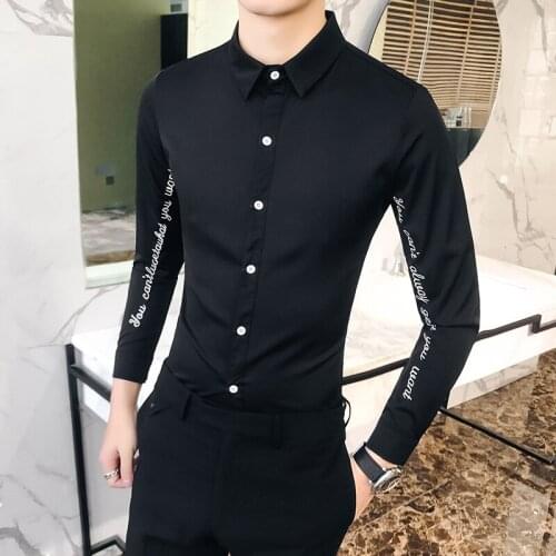 Hot Sale Men Solid Shirt High Quality Letter Embroidery Long Sleeved Mens Shirts Casual Slim Fit Night Club/Party Dress Shirts