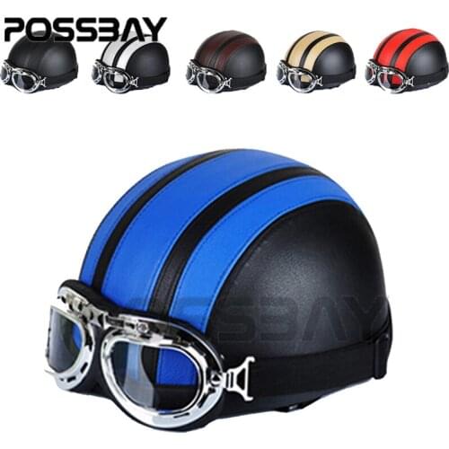 POSSBAY Retro Motorcycle Helmets Open Face Half Leather Helmet With Clear Lens Visor UV Goggles Pilot Cruiser Cycling Glasses
