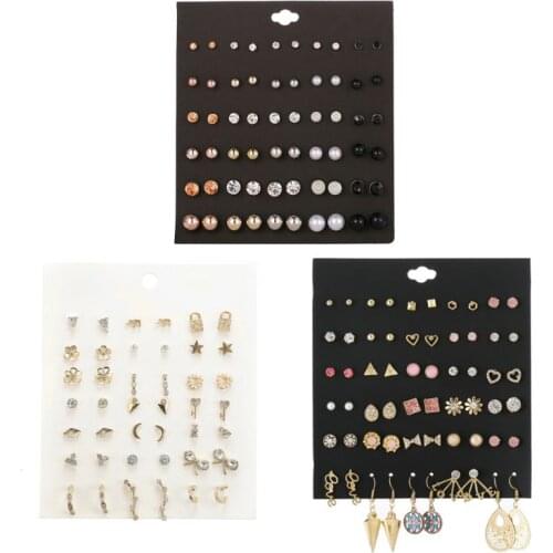 30 Pairs Mixed Round Ball Metal Pearl Crystal Stud Earrings Set Fashion Jewelry