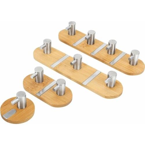 Bamboo Stainless Steel Wall Hook Self Adhesive Sticky Hanging Hook for Coat Key Bags Kitchen Bathroom Storage Holder Rack