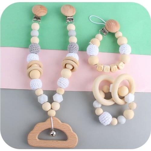 New Baby Teether Wooden Nursing Molar Soother Teething Pendant Pram Clip Hanging Toy Pacifier Chain Stroller Mobile Rattle