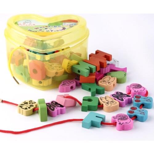 60pcs/lot Baby Montessori Educational Wooden Toys Animals Blocks Stringing Threading Lace Beads Box Preschool Learn Toy for Kids