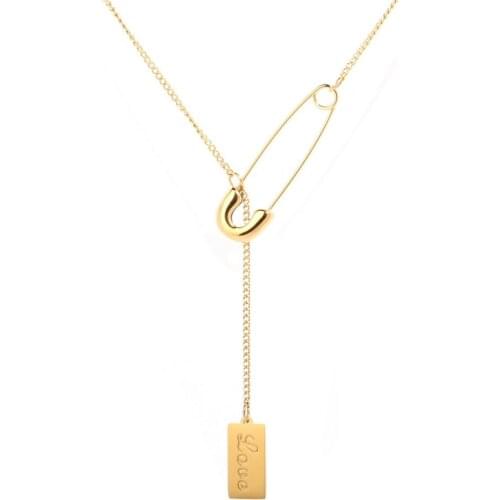 Trendy Gold Metal Pin Long Chain Necklaces For Women Stainless Steel Square Pendant Love Collar Necklace Stylish Jewelry Gift