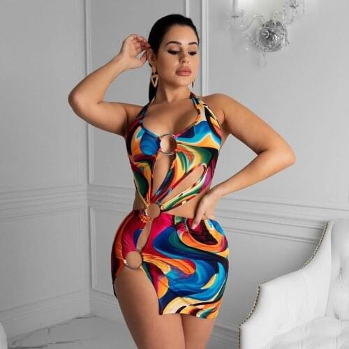 Sexy Print Dress Summer Hollow Out Beach wear Swim suit Dress for Women Casual Halter Bandage Cut Out Dress
